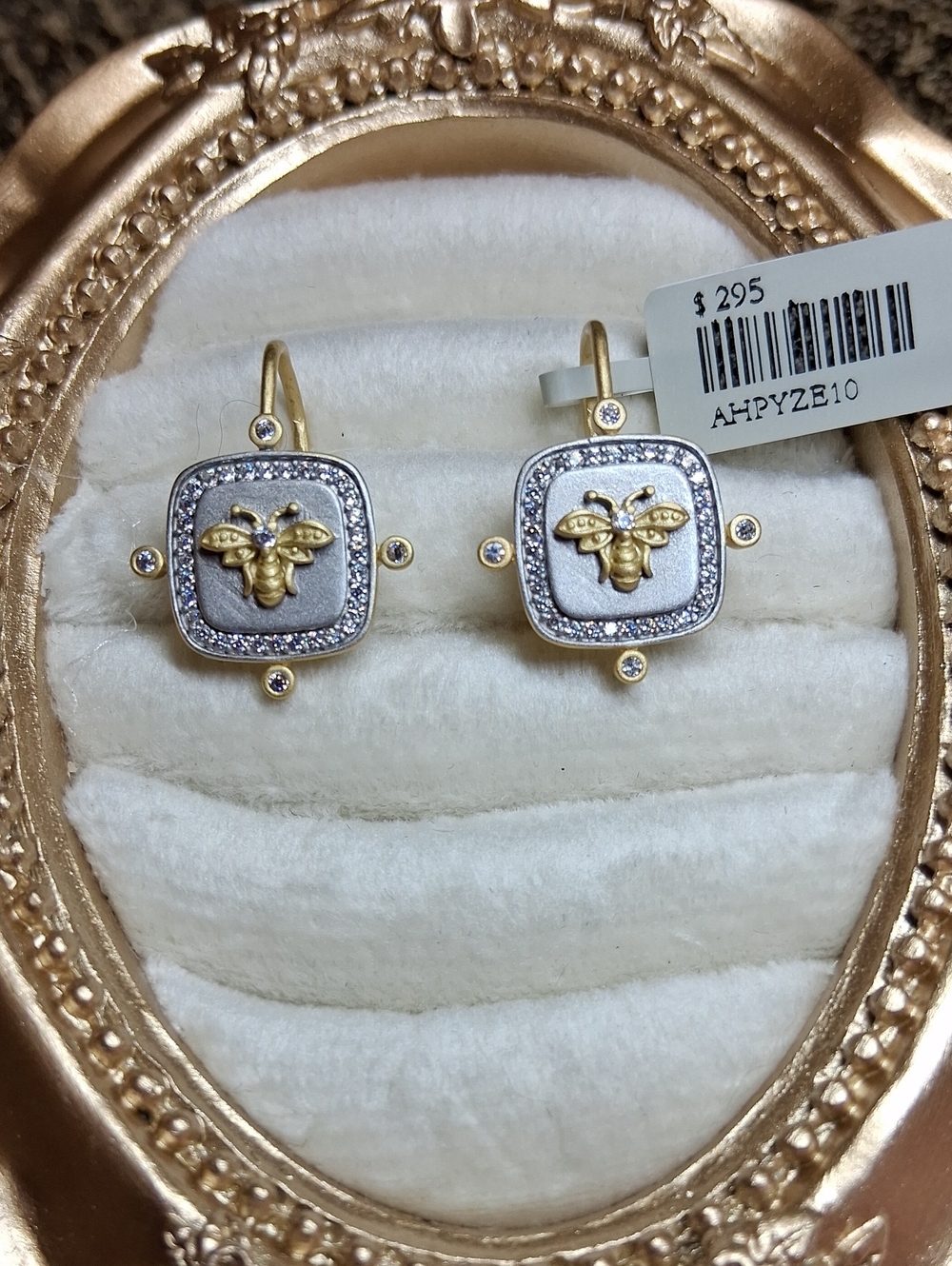Sterling Silver and 14kt Matte Gold Bee Motif Leverback earrings with cz's 🐝🐝